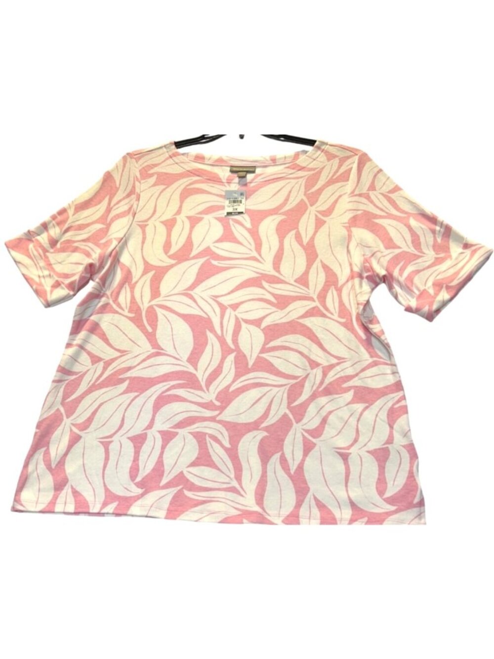 Style & Co Womens Plus Size 3X Elbow Sleeve Tee Pink & White Leaf Print